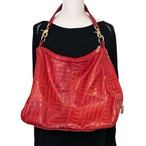 Unbranded red leather handbag minimal wear outside some staining inside  EUC